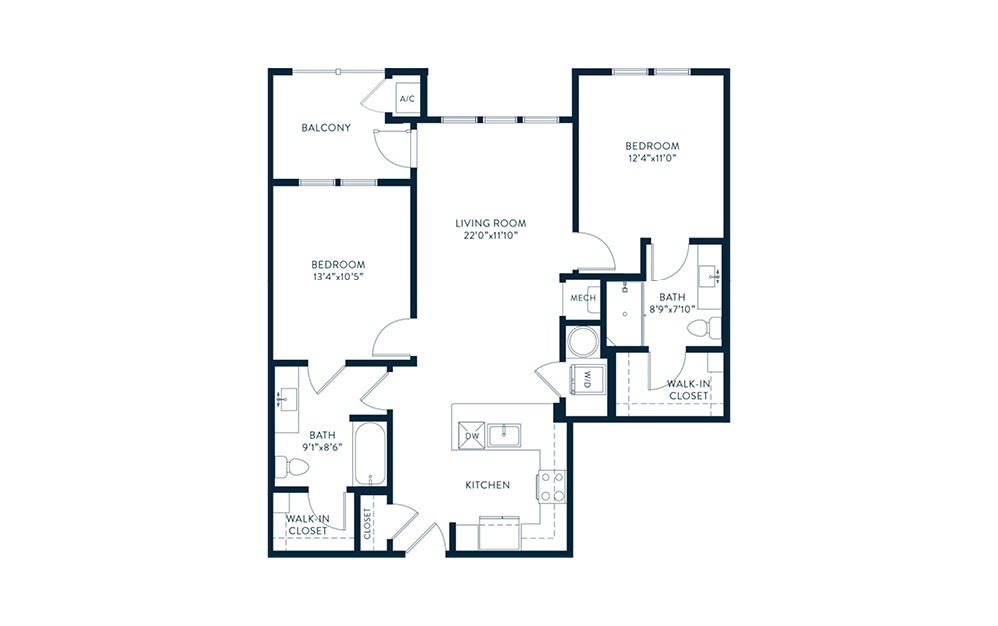 Corbel - 2 bedroom floorplan layout with 2 baths and 1022 square feet. (2D)