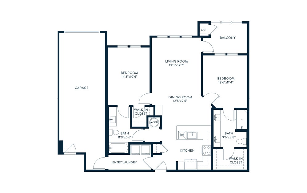 Belvedere - 2 bedroom floorplan layout with 2 baths and 1147 square feet. (2D)