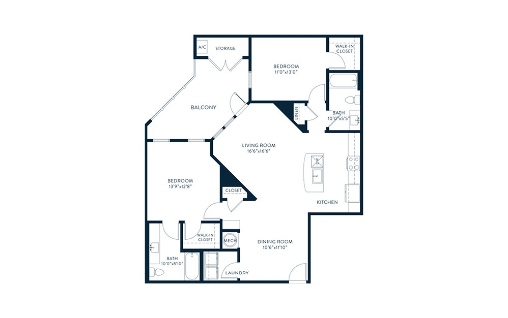 Chalet - 2 bedroom floorplan layout with 2 baths and 1198 square feet. (2D)