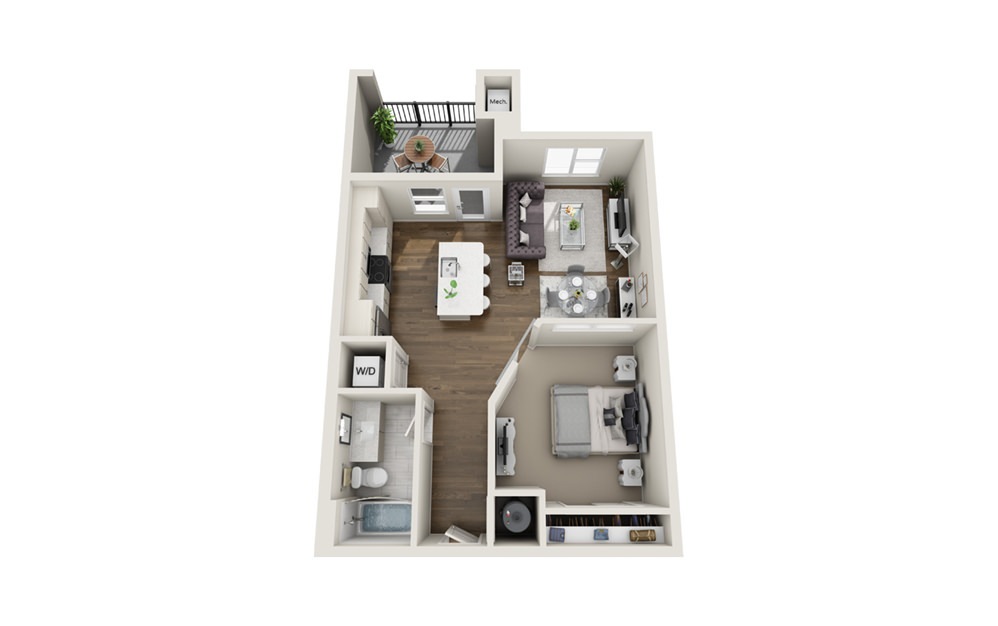 Clerestory - 1 bedroom floorplan layout with 1 bath and 650 square feet. (3D)