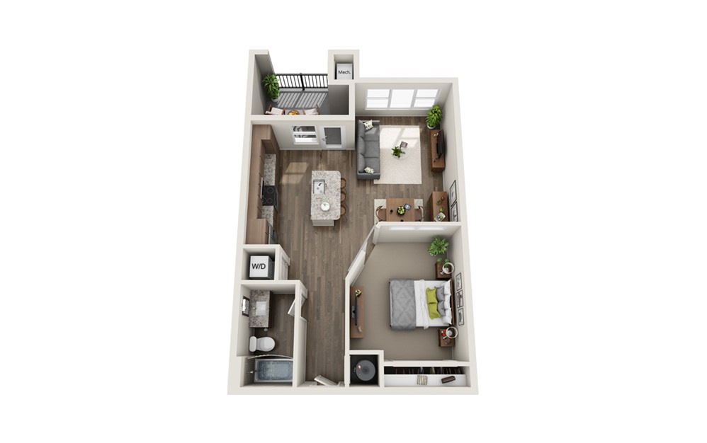 Enfilade - 1 bedroom floorplan layout with 1 bath and 705 square feet. (3D)