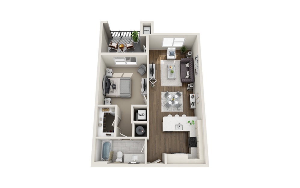 Gablet - 1 bedroom floorplan layout with 1 bath and 731 square feet. (3D)