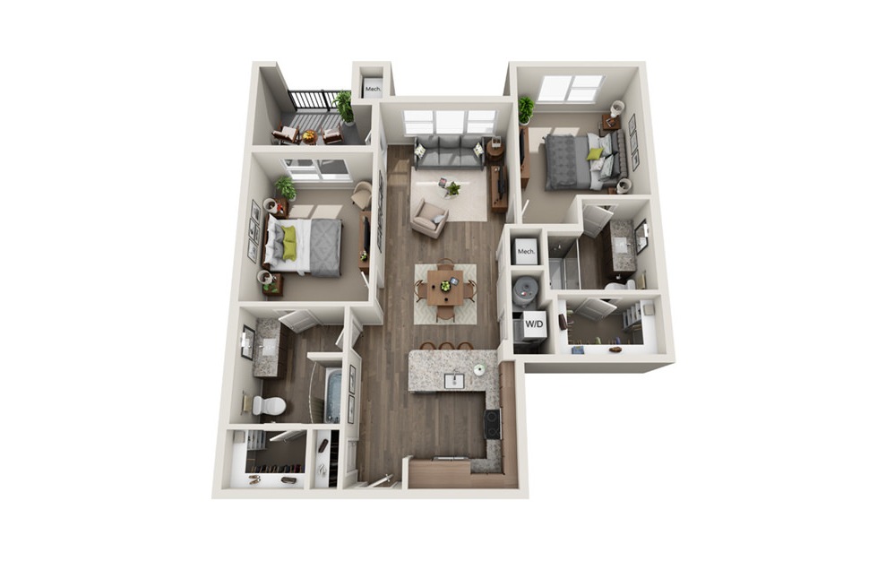 Corbel - 2 bedroom floorplan layout with 2 baths and 1022 square feet. (3D)