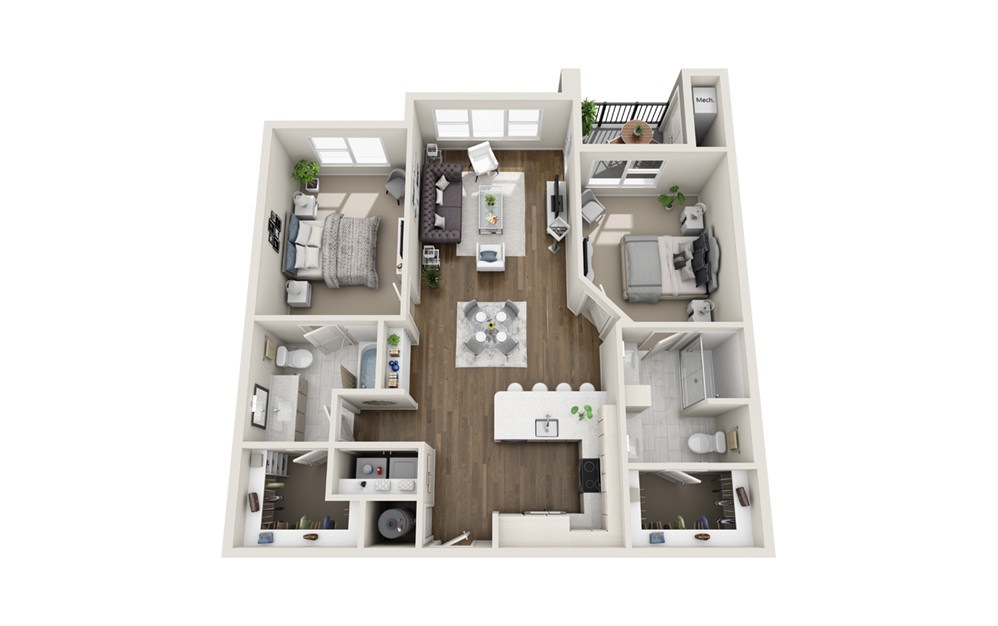 Cupola - 2 bedroom floorplan layout with 2 baths and 1147 square feet. (3D)