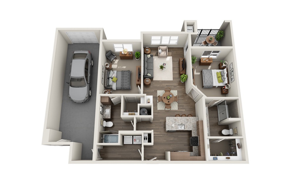 Belvedere - 2 bedroom floorplan layout with 2 baths and 1147 square feet. (3D)