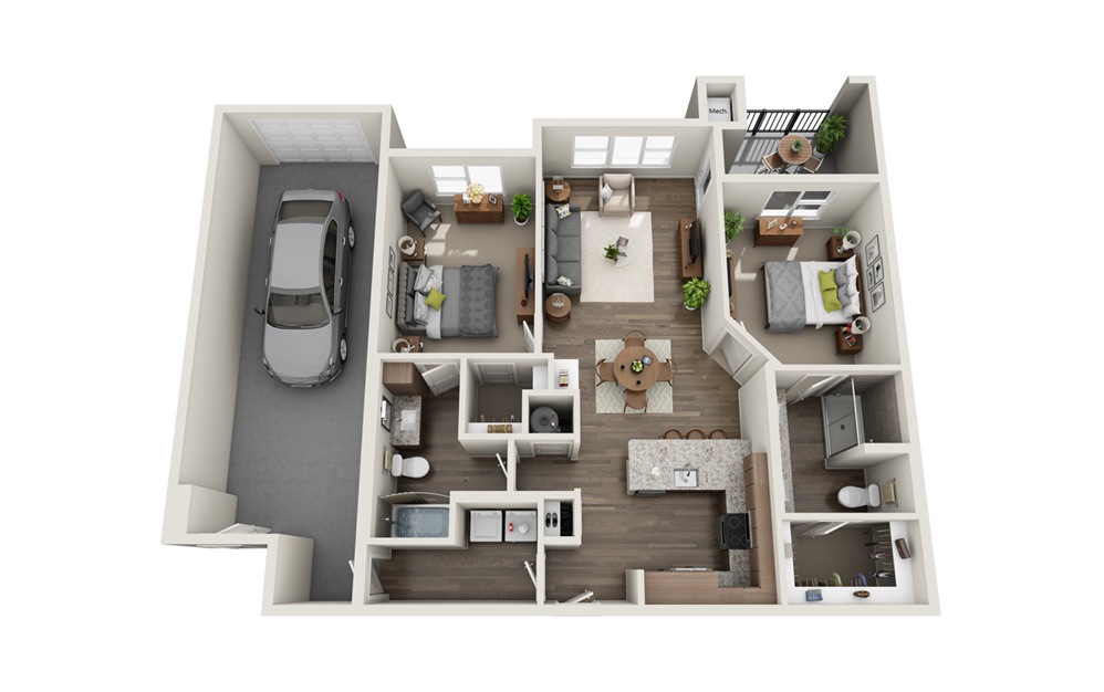 Belvedere - 2 bedroom floorplan layout with 2 baths and 1147 square feet. (3D)