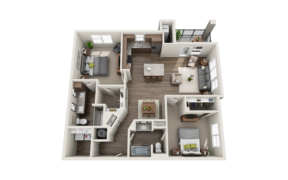 Fanlight - 2 bedroom floorplan layout with 2 baths and 1187 square feet. (3D)