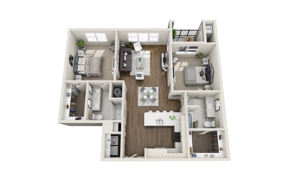 Baluster - 2 bedroom floorplan layout with 2 baths and 1148 square feet. (3D)