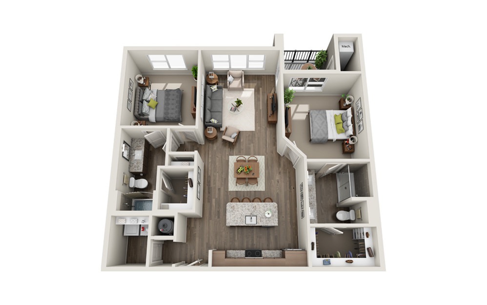 Bousillage  - 2 bedroom floorplan layout with 2 baths and 1169 square feet. (3D)