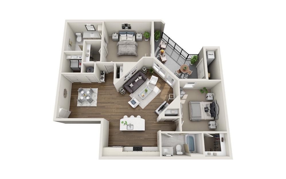 Chalet - 2 bedroom floorplan layout with 2 baths and 1198 square feet. (3D)