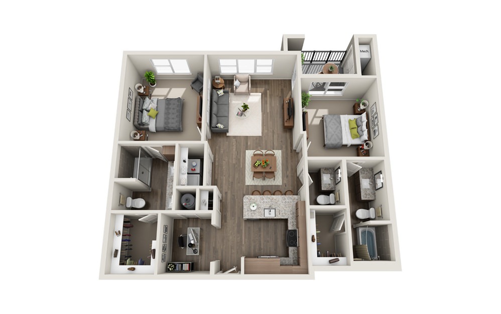 Colonnade - 2 bedroom floorplan layout with 2.5 baths and 1225 square feet. (3D)