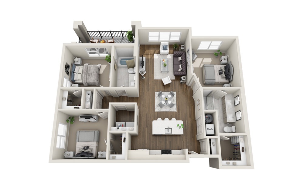 Pavilion - 3 bedroom floorplan layout with 2 baths and 1337 square feet. (3D)